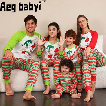 Еднакви пижами за семейството, Коледна Детски дрехи в ивица с анимационни принтом за мама и татко, Детски гащеризон, Коледна семейна Коледна облекло