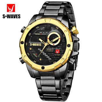 SWAVES Модерен мъжки часовник Луксозни черен кварцов ръчен часовник от неръждаема стомана, Мъжки бизнес часовници за мъже, часовник с календар