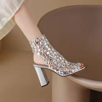 Летни Нови Пикантни сандали на висок ток с квадратни пръсти, кристали, с цип, Прозрачен PVC Отзад, Сандали на метален ток